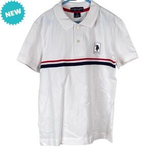 U.S. Polo Assn. Boys Size M (8) Polo Shirt White Red Blue Stripes Short Sleeve